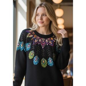 Cedars Black Beaded Sequin Peacock Feather Crew Neck Sweater M